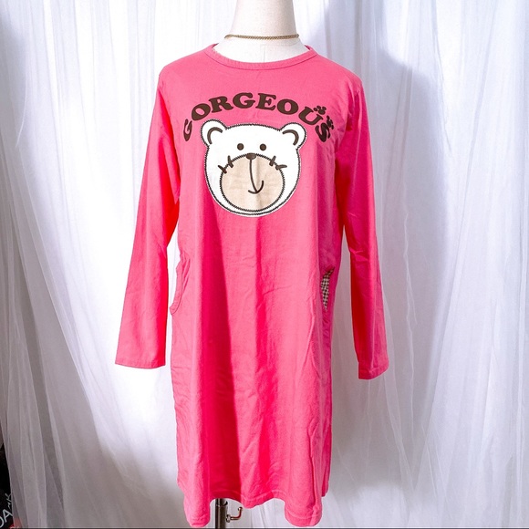 Other - Gorgeous Bear Pocket Pajama Dress Hot Pink Long Sleeve Plaid